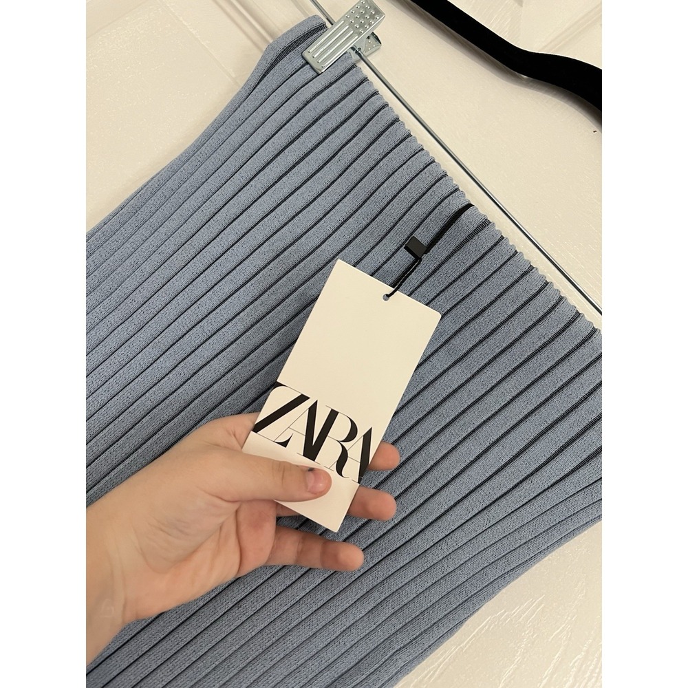 ZARA Ribbed Knit Tube Midi Dress Blue Strapless Bodycon Minimalist Fitted Chic S - Picture 5 of 8